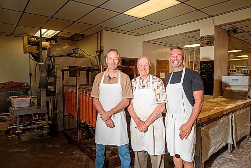 JESSE BOILY  / WINNIPEG FREE PRESS
The Mollot family Ray, left, Rene, the two mens father, and Phil stop for a picture at Archies Meats and Groceries in Starbuck on Thursday. Thursday, July 16, 2020.
Reporter: Dave