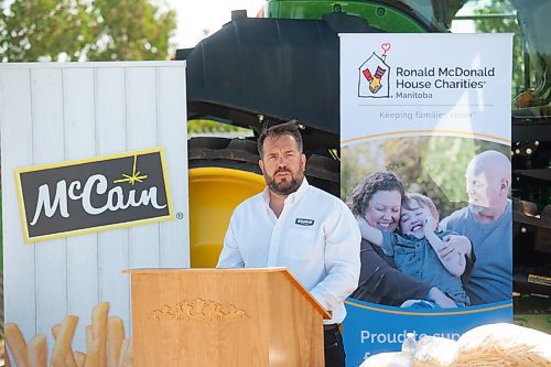 Mike Sudoma / Winnipeg Free Press
Vice President of Enns Brothers, Leigh Manikel, speaks to media about the Free Fry Day community event Thursday morning. The event on July 24th will be hosted by Enns Brothers and McCain Foods as they give away 15,000 bags of French fries while raising money for both STARS Air Ambulance and Ronald McDonald House.
July 16, 2020