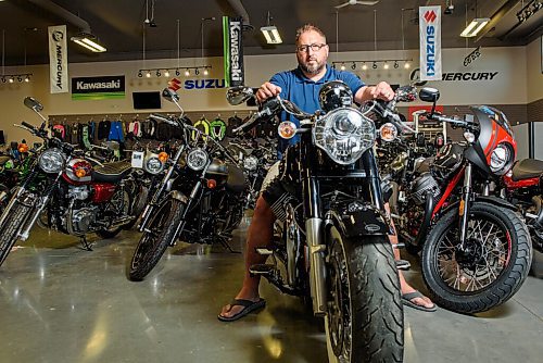 JESSE BOILY  / WINNIPEG FREE PRESS
Derek Roth, owner of Adventure Power Products, sits on one of the motorcycles at his store in Ile de Chenes on Thursday. Roth has seen an increase in motorcycle sales at his store during the pandemic. Thursday, July 16, 2020.
Reporter: Kellen