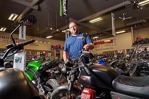 JESSE BOILY  / WINNIPEG FREE PRESS
Derek Roth, owner of Adventure Power Products, sits on one of the motorcycles at his store in Ile de Chenes on Thursday. Roth has seen an increase in motorcycle sales at his store during the pandemic. Thursday, July 16, 2020.
Reporter: Kellen