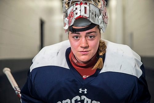 MIKAELA MACKENZIE / WINNIPEG FREE PRESS

Corinne Schroeder, Boston University goaltender, poses for a portrait at the Bell MTS Iceplex in Winnipeg on Friday, July 17, 2020. Her career is on hold as the pandemic threatens to wipe out the NCAA hockey season. For Mike Sawatzky story.
Winnipeg Free Press 2020.