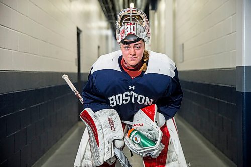 MIKAELA MACKENZIE / WINNIPEG FREE PRESS

Corinne Schroeder, Boston University goaltender, poses for a portrait at the Bell MTS Iceplex in Winnipeg on Friday, July 17, 2020. Her career is on hold as the pandemic threatens to wipe out the NCAA hockey season. For Mike Sawatzky story.
Winnipeg Free Press 2020.