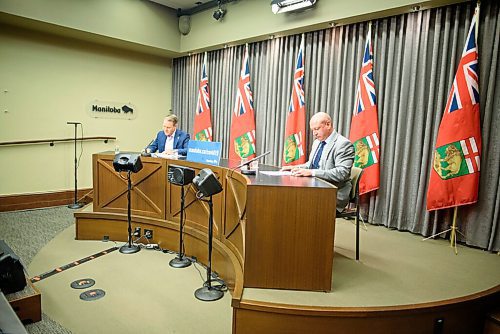 JESSE BOILY  / WINNIPEG FREE PRESS
Dr. Brent Roussin, chief provincial public health officer, and Seniors and Active Living Minister Cameron Friesen spoke to media on the latest COVID-19 updates at the Legislative building on Thursday. Thursday, July 23, 2020.
Reporter: Danielle
