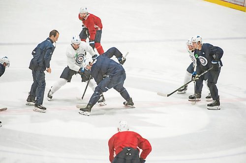 Mike Sudoma / Winnipeg Free Press
Winnipeg Jets captain, Mark Scheifele faces off against Adam Lowry during practice at the Ice Plex Saturday morning
July 25, 2020