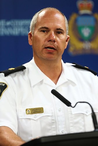 MIKE DEAL / WINNIPEG FREE PRESS

Inspector Shawn Pike of the Major Crimes Division releases information about a months long investigation into organized crime that has resulted in murder, weapons, and drug charges, during a press conference at the Police HQ Monday morning. 
200727 - Monday, July 27, 2020