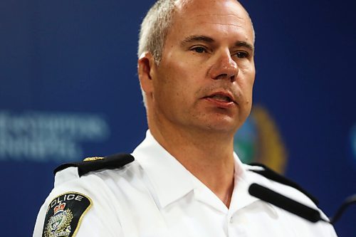 MIKE DEAL / WINNIPEG FREE PRESS

Inspector Shawn Pike of the Major Crimes Division releases information about a months long investigation into organized crime that has resulted in murder, weapons, and drug charges, during a press conference at the Police HQ Monday morning. 
200727 - Monday, July 27, 2020