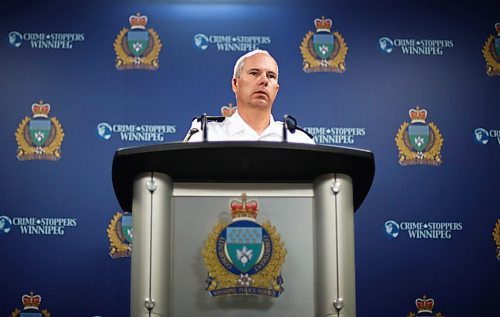 MIKE DEAL / WINNIPEG FREE PRESS

Inspector Shawn Pike of the Major Crimes Division releases information about a months long investigation into organized crime that has resulted in murder, weapons, and drug charges, during a press conference at the Police HQ Monday morning. 
200727 - Monday, July 27, 2020