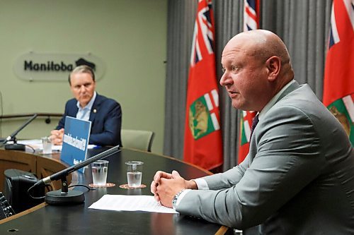 MIKE DEAL / WINNIPEG FREE PRESS
Health, Seniors and Active Living Minister Cameron Friesen and Dr. Brent Roussin, chief provincial public health officer, during the provinces latest COVID-19 update Monday afternoon in the Manitoba Legislative building. 
200727 - Monday, July 27, 2020.