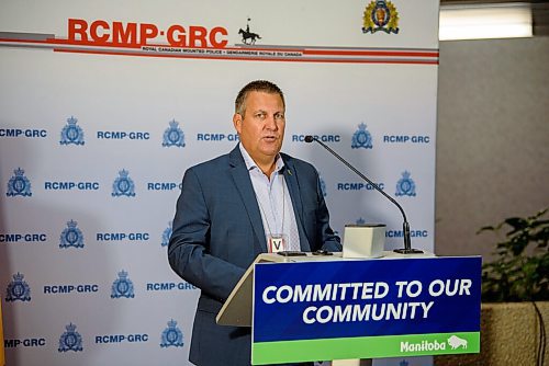 JESSE BOILY  / WINNIPEG FREE PRESS
Justice Minister Cliff Cullen speaks to media on recent RCMP success in Manitoba at the RCMP D Division Headquarters on Monday. Monday, July 27, 2020.
Reporter: Gabby