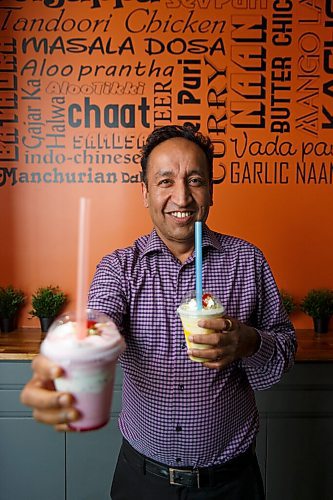 MIKE DEAL / WINNIPEG FREE PRESS
Manjit Singh with a Mango Falooda (right) and Rose Falooda (left) at the My Indigo Indian Street Food restaurant at 55 Waterford Green Common.
see Romona Goomansingh story
200729 - Wednesday, July 29, 2020.