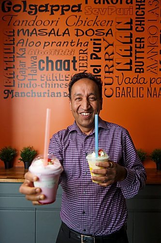 MIKE DEAL / WINNIPEG FREE PRESS
Manjit Singh with a Mango Falooda (right) and Rose Falooda (left) at the My Indigo Indian Street Food restaurant at 55 Waterford Green Common.
see Romona Goomansingh story
200729 - Wednesday, July 29, 2020.