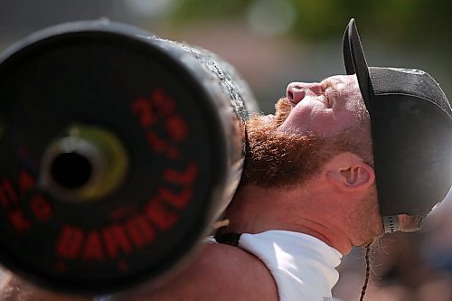 JOHN WOODS / WINNIPEG FREE PRESS
Tyler Sigurdson competes in the Log Clean and Press at  the third annual Manitoba Classic Strongman Competition at Brickhouse Gym in Winnipeg Sunday, August 2, 2020. Competitors competed in the Yoke - Farmers Medley, Log Clean and Press, Loading Race, Axle Deadlift and the Tire Flip. Proceeds were donated to Little Warriors childrens charity.

Reporter: Standup