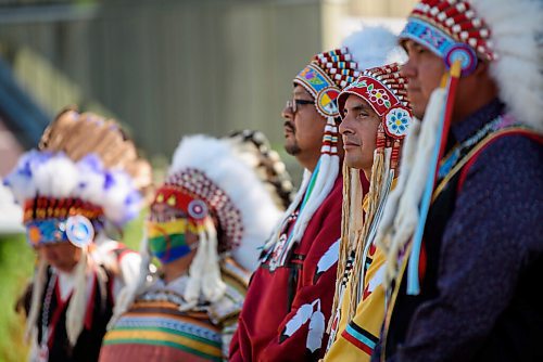 JESSE BOILY  / WINNIPEG FREE PRESS
The Treaty No.1 Cheifs stand as the Treaty flag is raised at the 149 years commemoration of Treaty No. 1 at Lower Fort Garry National Historic Site on Monday. Monday, Aug. 3, 2020.
Reporter: Piche