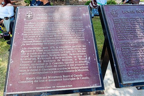 JESSE BOILY  / WINNIPEG FREE PRESS
The current plaques Lower Fort Garry, which will change soon, at the 149 years commemoration of Treaty No. 1 at Lower Fort Garry National Historic Site on Monday. Monday, Aug. 3, 2020.
Reporter: Piche