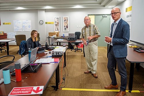 JESSE BOILY  / WINNIPEG FREE PRESS
Ralph Eichler, Minister of Economic Development and Training, left, and Fred Meier, president and CEO of RRC, see the new measures being taken at the Red River College on Wednesday. Wednesday, Aug. 5, 2020.
Reporter: Maggie