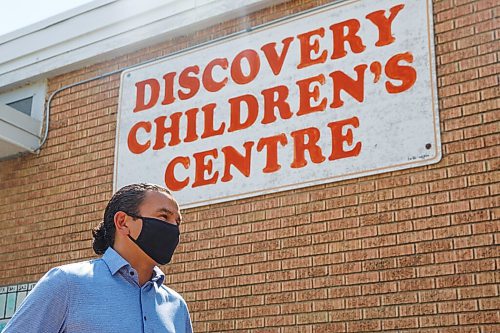 MIKE DEAL / WINNIPEG FREE PRESS
Wab Kinew, Leader of the Manitoba NDP and Laura Burla, Executive Director for St. James Montessori School speak at a press conference outside the Discovery Children's Centre at 367 Hampton Street, Thursday afternoon.
The NDP is calling out the province on its proposed funding cuts which are based on a KPMG review of the child care sector in Manitoba.
200806 - Thursday, August 06, 2020.