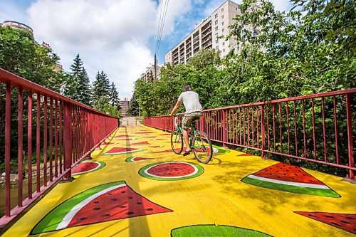 MIKAELA MACKENZIE / WINNIPEG FREE PRESS

A cyclist rides over a freshly-painted watermelon mural by Alex Plante on a pedestrian bridge near Niakwa Road in Winnipeg on Friday, Aug. 7, 2020. Standup.
Winnipeg Free Press 2020.