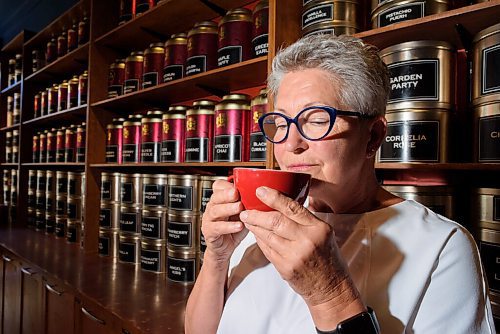 JESSE BOILY  / WINNIPEG FREE PRESS
Cory Krul, the owner of Cornelia Bean, stops for a photos against her wall of tea at her shop on Academy on Friday. Friday, Aug. 7, 2020.
Reporter: