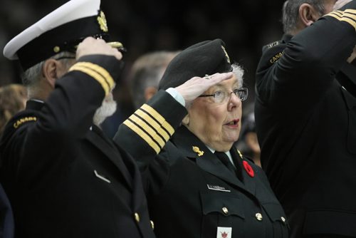 Brandon Sun Betty Coleman, honourary colonel of HMCS Brandon, salutes during Remembrance Day ceremonies at Westman Place, Wednesday morning. (Colin Corneau/Brandon Sun)