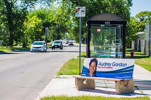 MIKAELA MACKENZIE / WINNIPEG FREE PRESS

A bus bench ad for PC MLA Audrey Gordon, which was defaced with racist graffiti, at Cottonwood Road and Autumnwood Drive in Winnipeg on Monday, Aug. 10, 2020. 
Winnipeg Free Press 2020.