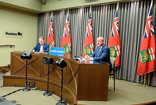 JESSE BOILY  / WINNIPEG FREE PRESS
Dr. Brent Roussin, right, chief provincial public health officer Health, and  Seniors and Active Living Minister Cameron Friesen give an update on the COVID-19 response in the province at the Legislature building on Monday. Monday, Aug. 10, 2020.
Reporter: Larry