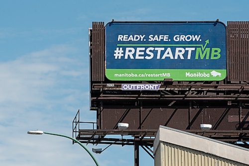 JESSE BOILY  / WINNIPEG FREE PRESS
A Restart MB sign along Portage Ave. on Wednesday. The Manitoba government has launched an advertising campaign for Restart MB promoting the reopening of the economy.  Wednesday, Aug. 12, 2020.
Reporter: