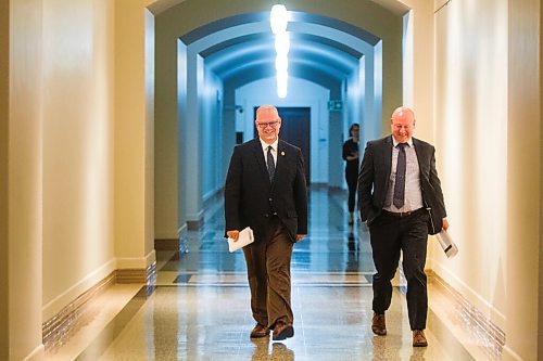 MIKAELA MACKENZIE / WINNIPEG FREE PRESS

Education minister Kelvin Goertzen (left), and Brent Roussin, chief provincial public health officer, walk in to speak to the media about COVID-19 and schools re-opening in September at the Manitoba Legislative Building in Winnipeg on Thursday, Aug. 13, 2020. For Maggie Macintosh story.
Winnipeg Free Press 2020.