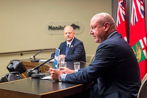 MIKAELA MACKENZIE / WINNIPEG FREE PRESS

Brent Roussin, chief provincial public health officer (right), and education minister Kelvin Goertzen speak to the media about COVID-19 and schools re-opening in September at the Manitoba Legislative Building in Winnipeg on Thursday, Aug. 13, 2020. For Maggie Macintosh story.
Winnipeg Free Press 2020.