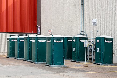 JESSE BOILY  / WINNIPEG FREE PRESS
Porta potties sit outside of Canada Goose on Mountain Ave. on Thursday. Workers have said that they are only being cleaned every four days and many use their breaks going to look for other public bathrooms or go home. Thursday, Aug. 13, 2020.
Reporter: Kellen