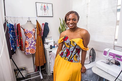 MIKAELA MACKENZIE / WINNIPEG FREE PRESS

Ori Ochoga, who makes beautiful handmade dresses and women's wear under the name Chogah Customs, poses for a portrait in her home studio in Winnipeg on Friday, Aug. 14, 2020. For Eva Wasney story.
Winnipeg Free Press 2020.