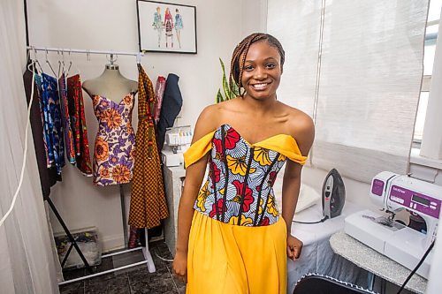 MIKAELA MACKENZIE / WINNIPEG FREE PRESS

Ori Ochoga, who makes beautiful handmade dresses and women's wear under the name Chogah Customs, poses for a portrait in her home studio in Winnipeg on Friday, Aug. 14, 2020. For Eva Wasney story.
Winnipeg Free Press 2020.