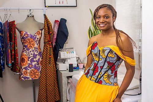 MIKAELA MACKENZIE / WINNIPEG FREE PRESS

Ori Ochoga, who makes beautiful handmade dresses and women's wear under the name Chogah Customs, poses for a portrait in her home studio in Winnipeg on Friday, Aug. 14, 2020. For Eva Wasney story.
Winnipeg Free Press 2020.