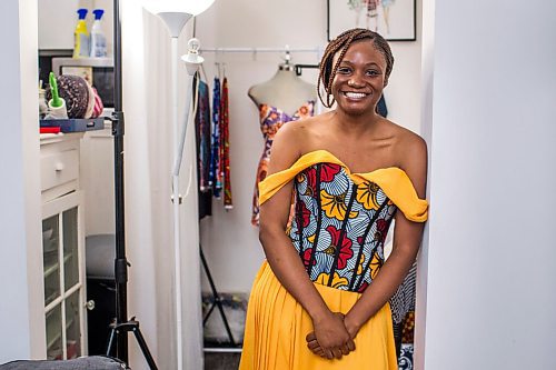 MIKAELA MACKENZIE / WINNIPEG FREE PRESS

Ori Ochoga, who makes beautiful handmade dresses and women's wear under the name Chogah Customs, poses for a portrait in her home studio in Winnipeg on Friday, Aug. 14, 2020. For Eva Wasney story.
Winnipeg Free Press 2020.