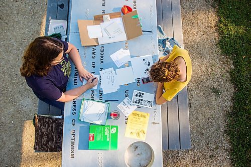 MIKAELA MACKENZIE / WINNIPEG FREE PRESS

Ariel Gordon (left) and Natalie Baird work on their ongoing draw/write project, the Pandemic Papers, at Vimy Ridge Park in Winnipeg on Tuesday, Aug. 18, 2020. For arts story.
Winnipeg Free Press 2020.