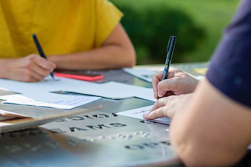 MIKAELA MACKENZIE / WINNIPEG FREE PRESS

Natalie Baird (left) and Ariel Gordon work on their ongoing draw/write project, the Pandemic Papers, at Vimy Ridge Park in Winnipeg on Tuesday, Aug. 18, 2020. For arts story.
Winnipeg Free Press 2020.