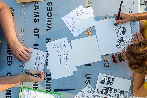 MIKAELA MACKENZIE / WINNIPEG FREE PRESS

Ariel Gordon (left) and Natalie Baird work on their ongoing draw/write project, the Pandemic Papers, at Vimy Ridge Park in Winnipeg on Tuesday, Aug. 18, 2020. For arts story.
Winnipeg Free Press 2020.