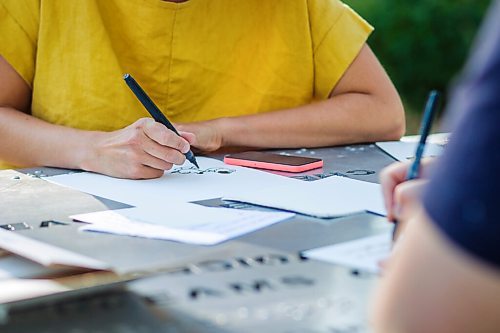 MIKAELA MACKENZIE / WINNIPEG FREE PRESS

Natalie Baird (left) and Ariel Gordon work on their ongoing draw/write project, the Pandemic Papers, at Vimy Ridge Park in Winnipeg on Tuesday, Aug. 18, 2020. For arts story.
Winnipeg Free Press 2020.