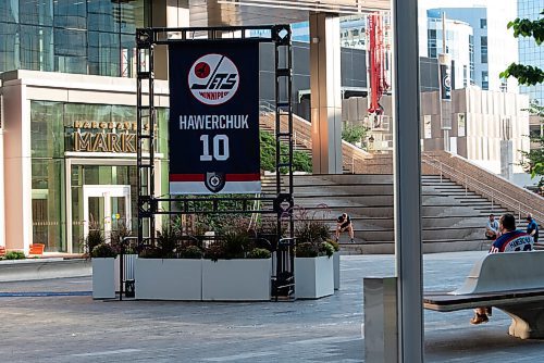 JESSE BOILY  / WINNIPEG FREE PRESS
Jets fans reflect after the unravelling of the Dale Hawerchuk banner in True North Square on Tuesday. Tuesday, Aug. 18, 2020.
Reporter: