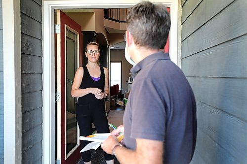 RUTH BONNEVILLE / WINNIPEG FREE PRESS

Local  - Coun. Brian Mayes
:
Coun. Brian Mayes (St. Vital), talks to homeowner, Cheryl Lashek while  door-knocking in Sage Creek. 

Story: Some politicians are still door-knocking during COVID-19, though it may look a little different due to the virus. Coun. Brian Mayes, who well meet up with on the campaign trail tomorrow, has been visiting residents in a mask. Well look at what that experience is like, what safety precautions are taken and the decision to go out there. Also trying to connect with provincial politicians.

Reporter: Joyanne Pursaga.

Aug 19h, 2020