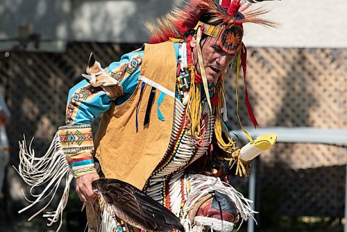 JESSE BOILY  / WINNIPEG FREE PRESS
Dwayne Gladue dances at the 1JustCity socially distanced Pow Wow during the lunch hour at Agnes Street and St Matthews on Thursday. Guests were asked to enjoy their lunches and watch in stead of joining in like previous years due to social distancing measures. Thursday, Aug. 20, 2020.
Reporter: Standup