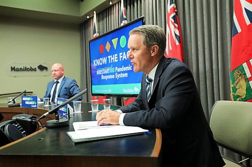 RUTH BONNEVILLE / WINNIPEG FREE PRESS

Local - COVID update 

Cameron Friesen, Manitoba's Minister of Health and  Dr. Brent Roussin, Manitoba's chief public health officer, hold press conference at the Legislative Building Thursday. 

Aug 20th, 2020