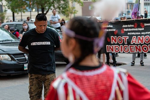 JESSE BOILY  / WINNIPEG FREE PRESS
William Hudson, the father of Eishia Hudson, after a speech outside the Winnipeg Police Headquarters on Friday. The rally then marched down Broadway to the Winnipeg Police headquarters. Friday, Aug. 21, 2020.
Reporter: