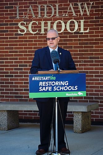 MIKE DEAL / WINNIPEG FREE PRESS
Education Minister Kelvin Goertzen announces that the provincial government is creating a $100 million Safe Schools fund to, "ensure safe and healthy learning environments this fall," during a press conference outside of Laidlaw School Monday morning.
see Maggie story
200824 - Monday, August 24, 2020.