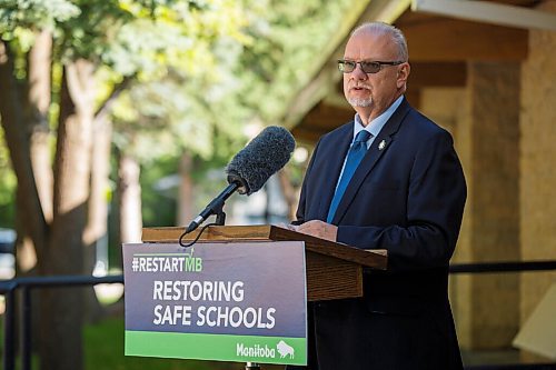 MIKE DEAL / WINNIPEG FREE PRESS
Education Minister Kelvin Goertzen announces that the provincial government is creating a $100 million Safe Schools fund to, "ensure safe and healthy learning environments this fall," during a press conference outside of Laidlaw School Monday morning.
see Maggie story
200824 - Monday, August 24, 2020.
