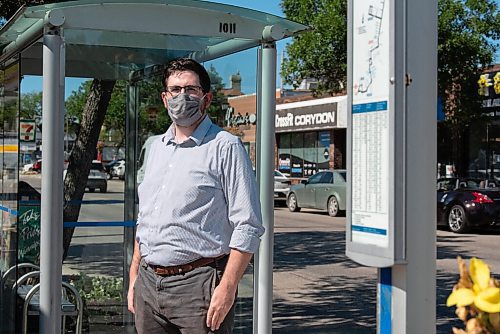 JESSE BOILY  / WINNIPEG FREE PRESS
Zach Fleisher, who started a petition asking city council to make wearing mask mandatory on transit, stops for a photo outside a Corydon bus stop on Monday. Monday, Aug. 24, 2020.
Reporter: Joyanne