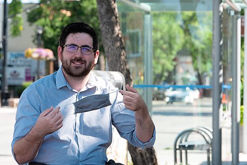 JESSE BOILY  / WINNIPEG FREE PRESS
Zach Fleisher, who started a petition asking city council to make wearing mask mandatory on transit, stops for a photo outside a Corydon bus stop on Monday. Monday, Aug. 24, 2020.
Reporter: Joyanne