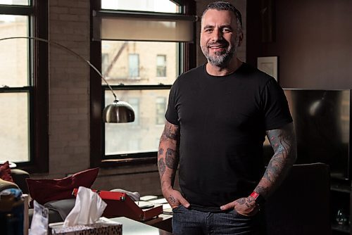 JESSE BOILY  / WINNIPEG FREE PRESS
Darcy Ataman, who provides music therapy programming to women and families dealing with severe trauma, from war-torn countries, poses for a portrait in his downtown apartment on Tuesday. Tuesday, Aug. 25, 2020.
Reporter: Danielle Da Silva