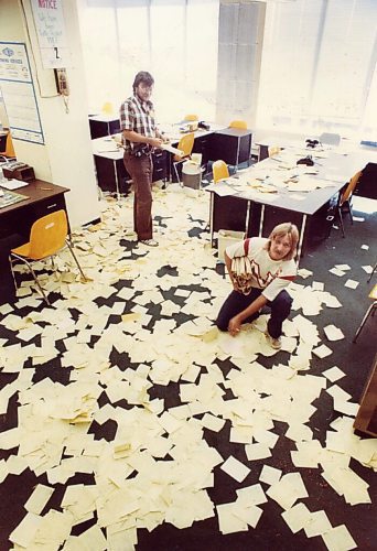 KEN GIGLIOTTI / WINNIPEG FREE PRESS 

Last edition of the Winnipeg Tribune
August 27, 1980

Circulation department with customer information sheets strewn over the floor in frustration after announcement.