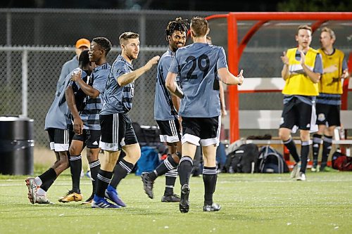 JOHN WOODS / WINNIPEG FREE PRESS
Players neglect the back-to-play rules when celebrating a goal during a game at Ralph Cantafio Soccer Complex in Winnipeg Wednesday, August 26, 2020. 

Reporter: Allen