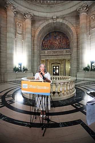 MIKE DEAL / WINNIPEG FREE PRESS
House Leader for the Official Opposition Nahanni Fontaine calls on the provincial government to return to the House during a press conference in the rotunda of the Manitoba Legislative Building Thursday morning. 
200827 - Thursday, August 27, 2020.
